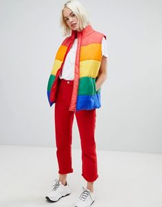 Daisy Street | Daisy Street padded vest in rainbow stripe Padded Vest, Rainbow Connection, Character Ideas, The Cool, Bright Color, Rainbow Colors, Daisy