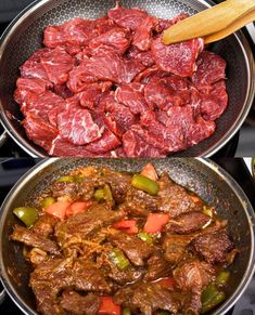 two pans filled with meat and vegetables sitting on top of a stove next to each other