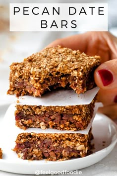 three pieces of granola date bars stacked on top of each other with text overlay