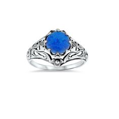 "Vintage Estate 'Scottish Thistle\" Lab Created Blue Fire Opal Ring. 925 Solid Sterling Silver. Stamped 925. Excellent Condition/Like New." Classic Blue Opal Ring For Anniversary, Classic Blue Opal Ring As A Gift, Classic Blue Opal Round Ring, Elegant Blue Opal Ring Stamped 925, Classic Blue Opal Ring As Gift, Classic Blue Opal Ring For Gift, Classic Blue Opal Ring Gift, Ornate Blue Sterling Silver Rings, Victorian Blue Opal Ring