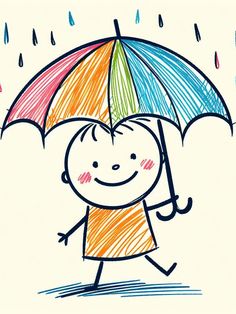 a drawing of a child holding an umbrella with rain drops coming down on him and the colors are multicolored