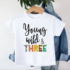 Custom Screen Printed Young Wild And Three T Shirt Size Small Length = 20in Width = 14.5in Brand New Never Worn Playful White Slogan T-shirt, Playful White T-shirt With Slogan, White Slogan T-shirt For Birthday, Wild And Three Shirt, Three Birthday Shirt, Third Birthday Shirt, Young Wild And Three, Custom Screen Printing, Three Kids