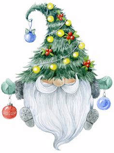 a watercolor drawing of a christmas tree with santa claus's hat and ornaments