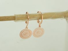 The rose gold plated stainless steel hoops have an outside diameter of approx 11mm. They are approx 1.2mm thick. They have a total length of approx 2.3cm. The rose gold plated brass boho pendants are approx 12mm in size. The hoops are made of stainless steel. They have a clip fastener .So just pull apart to open and press together to close. The earrings are delivered in a pretty jewelry box. The hoop earrings in my shop are also available in silver and gold, as well as other hoop earrings in dif Boho Ornaments, Earrings Rose Gold, Boho Pendant, Pretty Jewelry, Pull Apart, Rose Earrings, Plate Size, Rose Gold Earrings, Jewelry Earrings Hoops