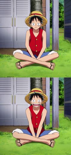 one piece is sitting on the ground with his legs crossed and wearing a straw hat