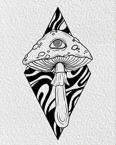 a black and white drawing of a mushroom with an eye on it's head