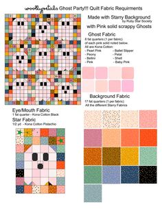 the pattern is shown with different colors and patterns for quilting, including pinks, orange