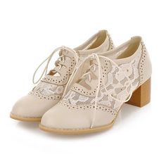 TAAFO Beige Lace Round Toe Lace Lace Oxford High Heels Block Heel Vintage Shoes Ladies 1-4 Oxford High Heels, Heels Block Heel, Lace Oxfords, Heels Block, Oxford Shoes Outfit, Shoe Image, Chunky Heel Shoes, Custom Boots, Vintage Flats