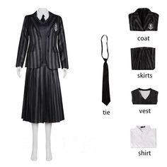 a woman's black and white dress suit with tie, shirt collar, coat, skirt