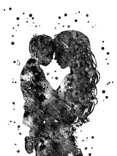 the silhouette of two people kissing in front of black and white dots on a white background