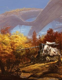 a painting of a helicopter in the woods