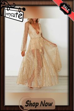 Gitter Sequins Deep Plunge Tie Waist Long Sleeve Sheer Mesh Dress Glamorous V-neck Maxi Dress For Beach, V-neck Maxi Dress For Beach Party Season, Sheer V-neck Dresses For Beach Season, Long Sleeve Party Dresses For Beach Season, V-neck Maxi Dress For Beach Parties, Long Sleeve Beach Party Dresses, Beach Party Season V-neck Maxi Dress, Glamorous Long Sleeve Maxi Dress For Summer, Gold Backless Beach Dress