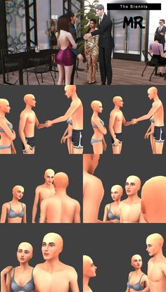 several different images of people in swimsuits and one is shaking hands with the other