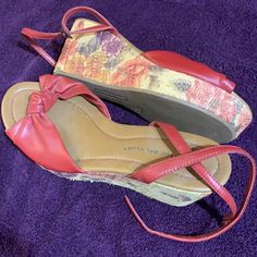 Red Strapped Floral Platform Wedge Heels, Size 6.5, Like Ne With Sticker Price Still On, Have Just Been Sitting In The Closet, Never Worn, Pet Free, Smoke Free Home Red Wedge Sandals With Removable Insole And Round Toe, Red Wedge Sandals With Platform And Round Toe, Red Platform Wedge Sandals With Round Toe, Red Flat Wedge Sandals For Beach, Red Synthetic Platform Wedge Sandals, Red High Heel Synthetic Wedge Sandals, Red Summer Beach Wedge Sandals, Red Wedge Sandals For Summer Vacation, Red Synthetic Closed Toe Wedge Sandals