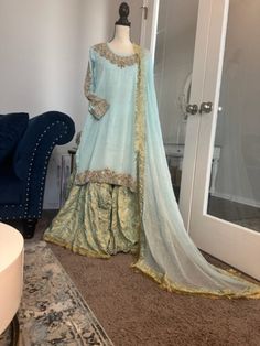 Beautiful teal blue chiffon embroidered knee lenght kameez paired with gharar pants and chiffon duppata Sky Blue Bridesmaids, Blue Gharara, Gharara Dress, Blue Bridesmaids Dress, Desi Outfits, Zardozi Work, Partywear Dresses, Clothing Gifts, Bridesmaids Dress