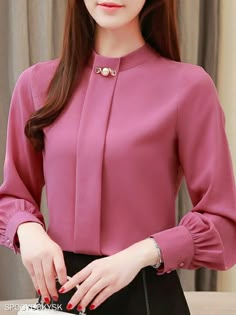 Blouse Elegant, Fashion Tops Blouse, Sleeveless Long Dress, Elegante Casual, Band Collar, Pink Blouse, Outfits Summer, Blouse Styles, Fashion Tops