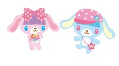 two stuffed animals are wearing hats and holding flowers in their hands, one is blue and the other is pink