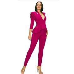 Magenta Peplum Jumpsuit Available In Size Small Medium Large Model Is Wearing A Size Small Small 2-4 Medium 6-8 Large 10-12 Fitted V-neck Jumpsuit With Ruffles, Fitted Solid Color Sets With Ruffles, Elegant Pink Stretch Jumpsuits And Rompers, Chic Fitted Purple Set, Fitted Long Sleeve Jumpsuits And Rompers With Ruffles, Fitted Jumpsuits And Rompers With Ruffles And Long Sleeves, Chic Fitted Pink Bodysuit, Fitted Jumpsuits And Rompers With Ruffles And V-neck, Fitted Pink V-neck Bodysuit