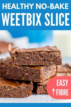 healthy no - bake weetbix slice on a plate with text overlay