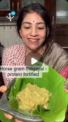 a woman holding a plate with food on it and the caption reads horse gran thoogal - protein fortified