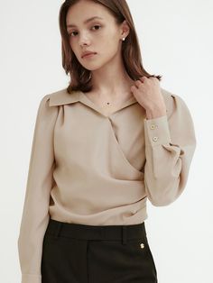 Composition : POLY 100Color : Light beige, BeigeCountry of Origin : KOREA Beige Office Lady Tops, Beige Blouse For Business Casual In Fall, Fall Business Casual Beige Blouse, Beige Collared Top For Office, Beige Collar Blouse For Office, Beige Fall Blouse For Workwear, Beige Blouse For Workwear In Fall, Beige V-neck Blouse For Office, Beige Blouse For Fall Workwear