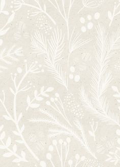 a white wallpaper with leaves and berries on it's side, in an off - white color