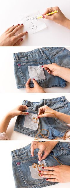 two pictures of someone doing something with their hands and fingers on the back of a pair of jeans