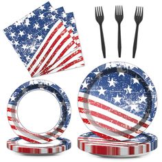 an american flag dinnerware set with forks and spoons