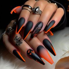 Gothic Fall Nails, Fancy Summer Nails, Black And Orange Nails Acrylic, Sassy Nails, Fall Nail Art Designs, Goth Nails, Her Nails, Halloween Nail Designs