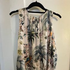 Gorgeous Botanical Print Silky Polyester Sleeveless Knee-Length Dress, Size Us 10 - New, Never Worn! Free Shipping Patterned Sleeveless Dress For Garden Party, Sleeveless Tropical Print Maxi Dress For Garden Party, Sleeveless Maxi Dress With Tropical Print For Brunch, Sleeveless Printed Maxi Dress For Brunch, Patterned Sleeveless Maxi Dress For Spring, Sleeveless Patterned Maxi Dress For Spring, White Sleeveless Maxi Dress With Tropical Print, Sleeveless Floral Print Maxi Dress For Daywear, Sleeveless Floral Print Top For Garden Party