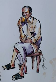 a drawing of a man sitting on a stool drinking from a cup while holding a drink in his hand