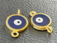 TOP QUALITY TURKISH JEWELRY SUPPLIES FINDINGS price for   : 2 pcs plating     : Gold plated over mixed brass material   : enameled  size           : 23x14mm bails dia    : 1.75 to 2mm MADE IN TURKEY NICKEL & LEAD FREE Turkish Jewelry, Brass Material, Matte Gold, Jewelry Supplies, Evil Eye, Gold Plate, Charms, Plating, Gold