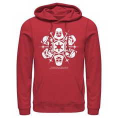 a red hoodie with white graphic on the front and side, featuring an image of a