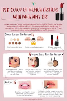 ‘How to wear red lipstick like Parisian’ is the question of many women. Let’s explore in this article much useful information about french lipsticks, makeup and how to attain amazing Parisian’s looks with red lipstick. #lipstick #makeup #skincaretoplist #RedLipstickMakeup #ParisianStyle #lifestyle Parisian Makeup Look Classy, Looks With Red Lipstick, Parisian Makeup Look, Parisian Makeup