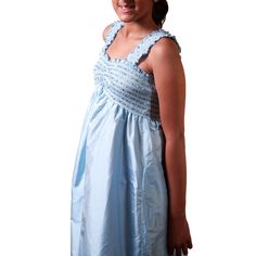 Neela Frock - Girls Party Dress Blue Smocked Dress With Ruffled Straps, Party Dress With Smocked Bodice And Ruffled Straps, Blue Dress With Ruched Bodice And Ruffled Straps, Sleeveless Smocked Dress For Parties, Blue Dress With Smocked Bodice And Spaghetti Straps, Silk Taffeta, Girls Party Dress, Girl Party, Organic Fabrics