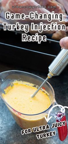 a person is using a mixer to make turkey injector recipe