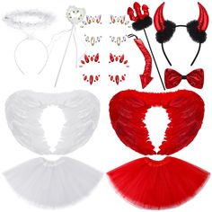 the costume is red and white with black ears, tail, headbands, and wings