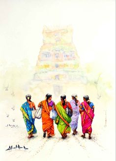 four women in colorful sari walking through the snow near a pagoda with birds on it