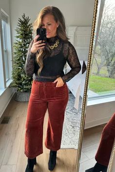 Corduroy wide leg pants with a shear lace top is the perfect date night outfit. Also great for those holiday parties or a fun cocktail party. Women's holiday style Winter Fitted Corduroy Pants, Anthropologie Collette Pants Outfit, Casual Holiday Party Outfit, Chic Full-length Corduroy Pants, Anthropologie Collette Pants, Anthropologie Corduroy Pants, Holiday Party Outfit Casual, Womens Holiday Fashion, Pant Outfits For Women