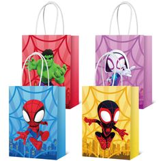 three bags with the characters of spider - man, hulk - man and green lantern