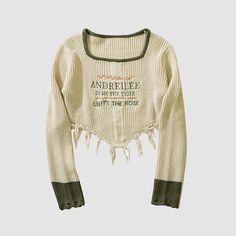 Features: Crop top Square neck Tassel hem Letter embroidered Knitted construction Material: Acrylic fiber Apricot Sweater, Costume Bags, Outwear Coat, Cropped Pullover, Acrylic Fiber, Letter Embroidery, Irregular Hem, Casual Sets, Long Sleeve Maxi Dress