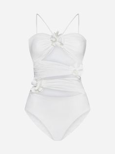 Maygel Coronels Trinitaria onepiece swimsuit in offwhite jersey featuring a banded style with cutouts and decorative fabric roses and spaghetti straps to tie on the back. Composition: 78% polyamide 22% elastaneComposition: 78% Polyamide -, 22% Elastane Party Beachwear Swimwear With Knotted Straps, White Ruched One-piece Swimwear, Chic White Swimwear With Spaghetti Straps, Chic White Spaghetti Strap Swimwear, Elegant Strappy Swimwear For Summer, Versace Shop, Fabric Roses, Prada Leather, White Jersey