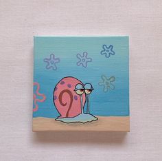 a painting of a snail sitting on top of a sandy beach next to the ocean