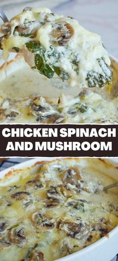 chicken spinach and mushroom casserole in a white dish