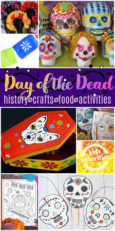 Day of the Dead history crafts food activities with images of floral headpieces, paper banners, sugar skulls, paper craft coffin, sugar skull drawing and coloring pages, paper flowers, and sugar skull DIY masks Sugar Skull Banner, Construction Paper Flowers, King Craft, Pranks For Kids, Trees For Kids, Christmas Trees For Kids, Skull Coloring Pages, Craft Food, Day Of The Dead Art