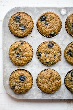 twelve blueberry muffins on a baking tray