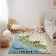 a child's room with a map rug and stuffed animals on the floor in front of it