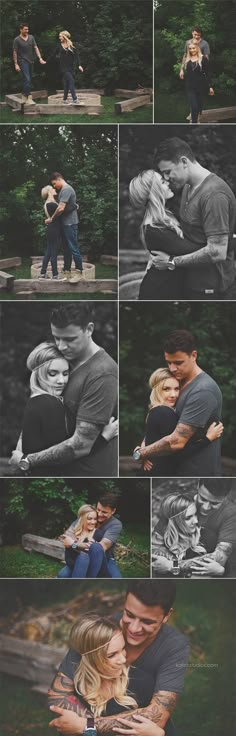 a series of photoshopped images showing people hugging and kissing in the park with trees behind them