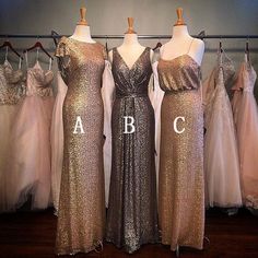 three bridesmaid dresses on mannequins with the letters abc and c