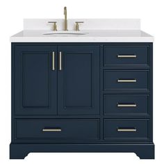 an image of a bathroom vanity with blue cabinets and white counter top on the side